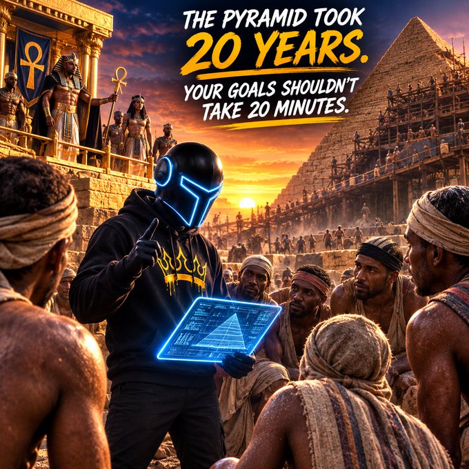 A motivational-style image shows a person in a futuristic black helmet with blue neon lights holding a holographic tablet, surrounded by ancient Egyptians near a pyramid, with text reading 'THE PYRAMID TOOK 20 YEARS. YOUR GOALS SHOULDN'T TAKE 20 MINUTES.'
