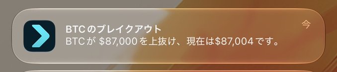 A notification banner in Japanese announces that Bitcoin has broken through the $87,000 threshold, currently trading at $87,004, aligning with the breaking news post about BTC surpassing that price level.