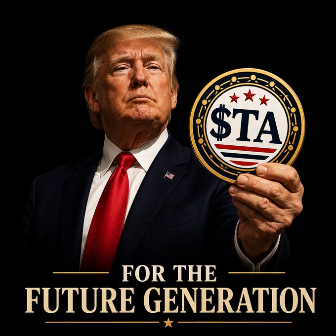 The image shows a man resembling Donald Trump holding a gold coin labeled "$TA" with red stars and stripes, accompanied by the text "FOR THE FUTURE GENERATION" at the bottom.