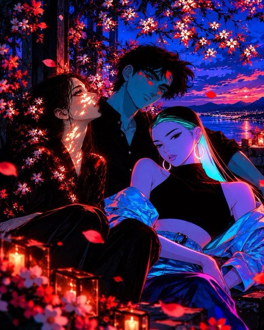 An anime-style illustration features three characters bathed in red and blue lighting, framed by cherry blossoms and a glowing city skyline at dusk.