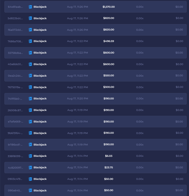 A transaction history list showing multiple 'Blackjack' entries with timestamps from Aug 17, amounts ranging from $6.03 to $1,570.00, and 0.00x multipliers.