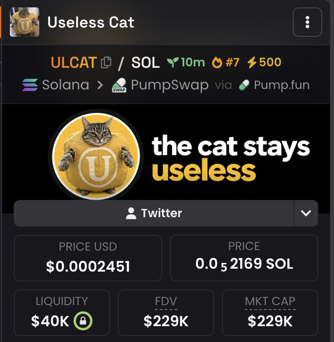 A screenshot of the "Useless Cat" ($ULCAT) token page on Solana's PumpSwap via Pump.fun shows a market cap of $229K with 500 holders and liquidity locked at $40K, while the price sits at $0.0002451. The post promotes $ULCAT as the next big memecoin play, claiming the first 500 SOL address will receive an airdrop and predicting it could surge to $10M.
