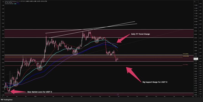 A candlestick chart on TradingView for US Government Bonds, annotated with pink arrows pointing to 'Daily TF Trend Change', 'Big Support Range For USDT D', and 'Bear Market Lows For USDT D'.