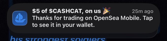 A notification from OpenSea Mobile indicating a $5 $CASHCAT airdrop received 25 minutes ago, thanking the user for trading on the platform. The image visually confirms the airdrop mentioned in the post, where the user celebrates receiving $CASHCAT while humorously requesting a $SEA token airdrop next.