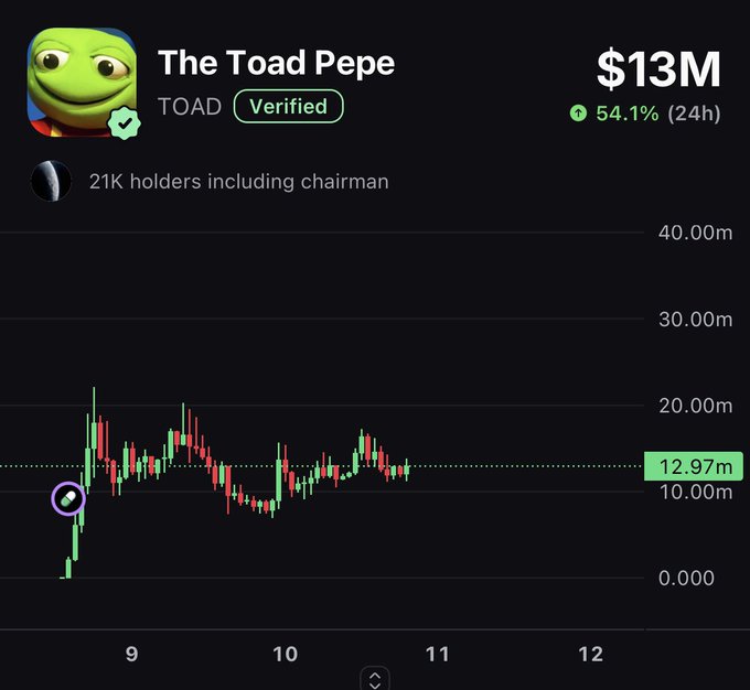 The image shows a trading chart for "The Toad Pepe" (TOAD), a verified meme coin with a $13M market cap, up 54.1% in 24 hours and held by 21K investors including "chairman." The price action displays volatility between roughly 10M-20M, currently at 12.97M, with a purple circle highlighting an entry point near the recent lows. This aligns with the post indicating the trader took a position here and plans to DCA further if it dips, viewing the support from a notable figure (@mdudas) as offering a favorable risk/reward.