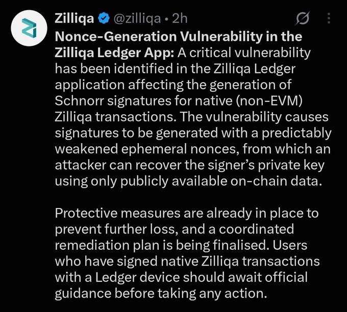 A screenshot of a Zilliqa tweet announcing a critical nonce-generation vulnerability in the Zilliqa Ledger app, where weakened Schnorr signature nonces could allow attackers to recover users' private keys from on-chain data.