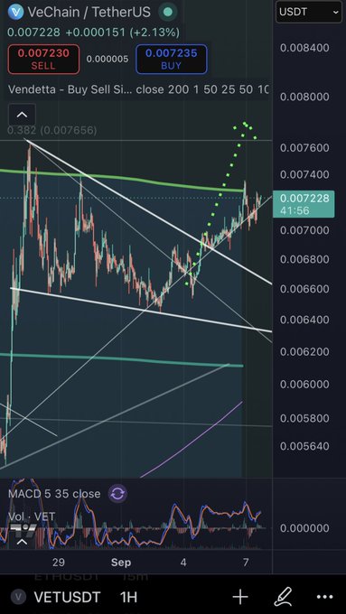 A TradingView chart for VeChain/Tether (VETUSDT) on a 1-hour timeframe, showing a current price of about 0.007228 and multiple technical trend lines and indicators. The market is up approximately 2.13%.