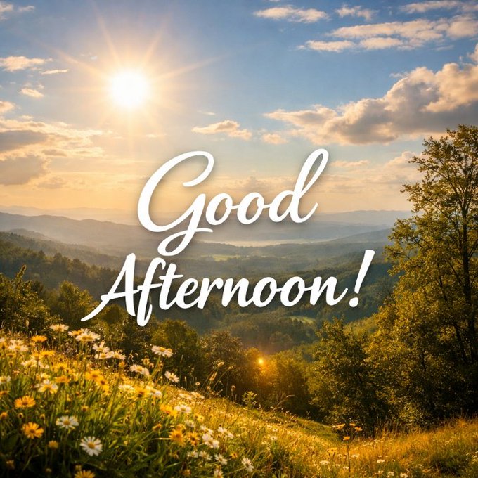 The image features a beautiful landscape with a field full of flowers, trees, and mountains under a clear blue sky. The sun is shining brightly, creating a warm and inviting atmosphere. In the center of the image, there's a message that reads "Good afternoon everyone @moovexyz is focused on making digital payments more accessible by reducing the complexity that often comes with blockchain transactions instead of relying on long wallet addresses users can interact through simple handles that create a smoother and more". The sun appears to be shining directly over this text.