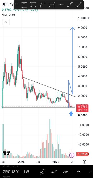 A TradingView weekly chart of $ZROUSD shows the price at 0.8762 with a descending triangle pattern and a blue arrow projecting a sharp bullish breakout, visually supporting the post's claim of a potential rally into double-digit territory if key resistance is broken.