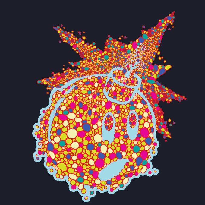 A vibrant digital NFT artwork featuring a punk-style face composed entirely of colorful dots in shades of pink, orange, yellow, and blue, set against a dark gray background. The image features a light blue anarchy symbol "A" over the dotted face, with spiky mohawk-like hair exploding outward, aligning with the punk aesthetic of Adam Bomb Squad NFT collections.
