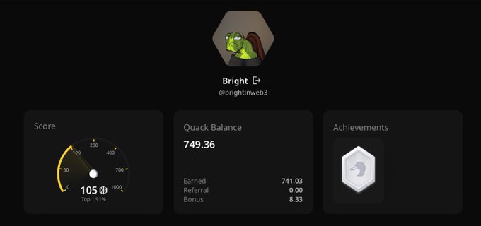 A profile card for "Bright (@brightinweb3)" showing a Score gauge of 105 (ranked in the top 1.91%), a Quack Balance of 749.36 (741.03 earned, 0.00 referral, 8.33 bonus), and an unearned Achievements badge. The image illustrates the poster's skepticism about Wallchain's Quacks system by showing their stagnant balance and lack of claimed achievements, reinforcing the claim that Quacks have stopped being distributed or useful since the post's unsuccessful attempts to accumulate them.