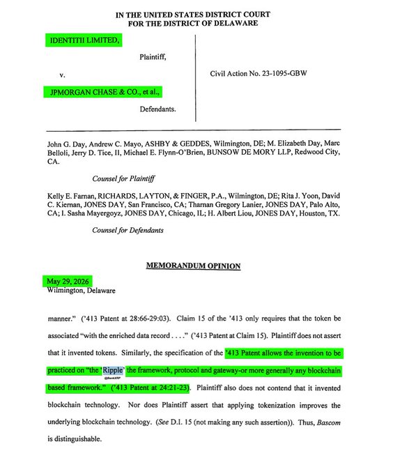 In the image, there's a white document with green text that appears to be a Memorandum Opinion or Motion. The document seems to have been issued by the Delaware District Court and is about an intellectual property lawsuit between two parties - Identitii and one of their partners, JPMorgan Chase & Co., who are seeking damages for the patent infringement.

The court has decided against the plaintiffs in this case, stating that the technology they're referencing relies on existing protocols and systems, which makes it not patentable according to the standards set by the United States Patent Office (USPTO). This judgment may have been reached after a thorough review of the evidence presented during the trial.
