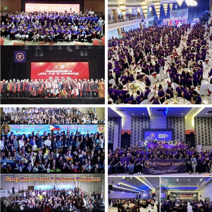 A collage of photos from various Pi Network meet-and-greet events held in different countries, including Malaysia and the Philippines, showing large crowds in matching shirts gathered for presentations.