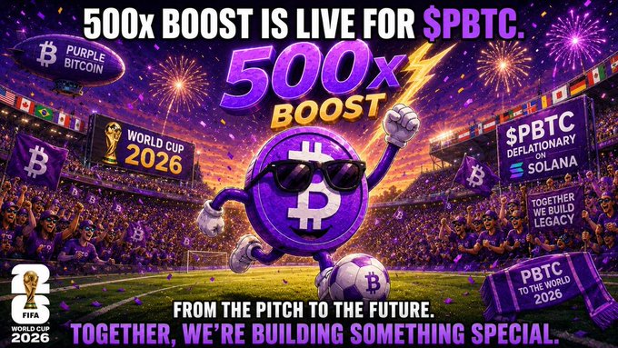 The image features a purple-themed poster with a cartoon character wearing sunglasses and holding a soccer ball. The poster promotes a 500x Boost event, which is live for SPBTTC, and encourages people to join together to build something special. The text on the poster emphasizes the importance of visibility in driving discovery and growth, as well as the support from the Purple Bitcoin community.
