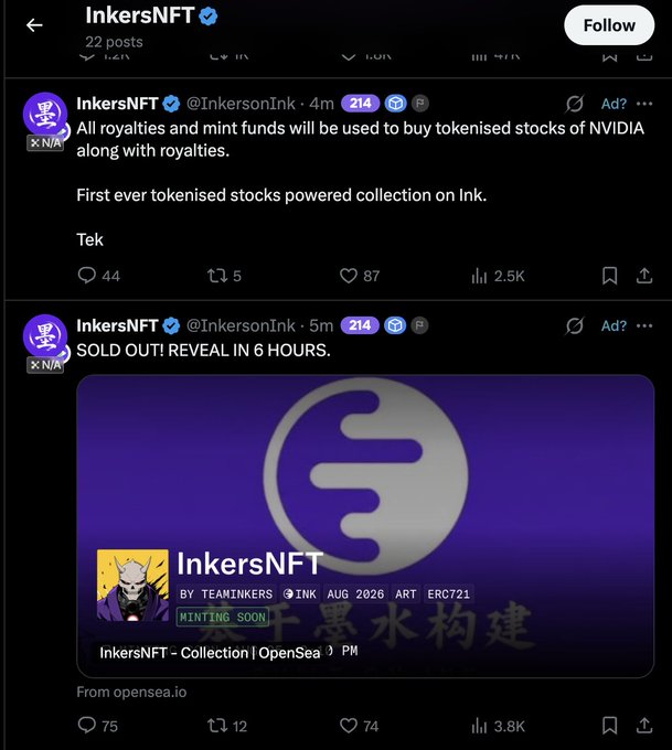 A screenshot of two InkersNFT (@InkersonInk) Twitter/X posts announcing the collection has sold out ahead of a 6-hour reveal, highlighting that all royalties and mint funds will buy tokenized NVIDIA stocks, with engagement showing 3.8K and 2.5K views—aligning with the caption's note of 3,333 NFTs disappearing in 4 minutes on the Ink chain.