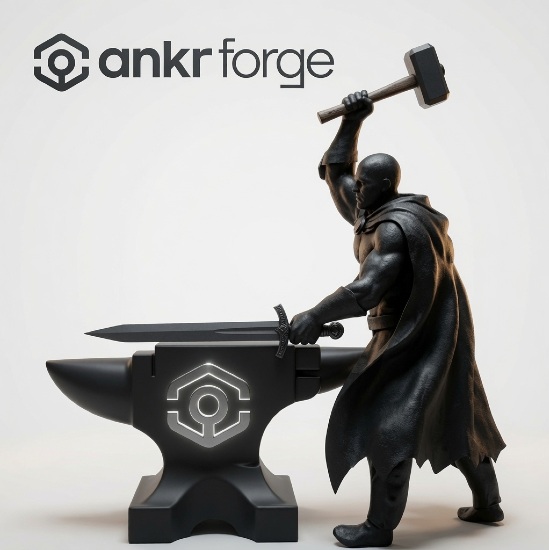 A muscular blacksmith figure in a cape wields a hammer above an anvil engraved with the Ankr logo, while the "ankr forge" wordmark appears in the top-left. The imagery visually reinforces the post's announcement of the upcoming Forge Drop, symbolizing Ankr Forge as the platform that "forges" rewards connecting blockchain infrastructure with $ANKR holders and ecosystem partners.