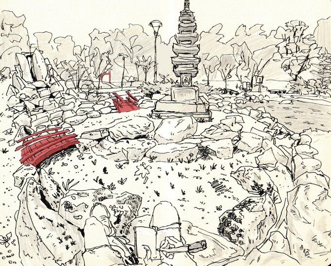 A black and white line drawing with red accents depicting a stone pagoda in a rocky garden setting with a seated figure meditating in the foreground.