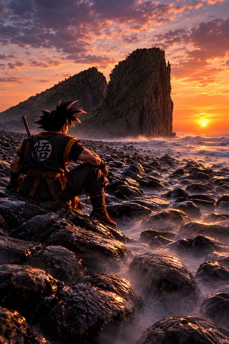 A dramatic illustration of a character resembling Goku from Dragon Ball sitting on a rocky shore, looking out at the ocean and a large rock formation during a vibrant sunset.