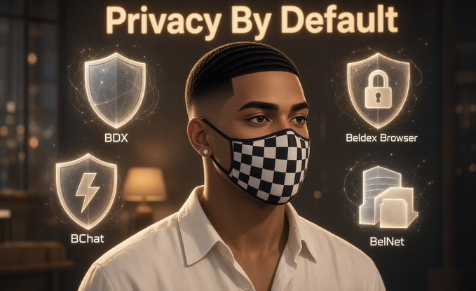 An advertisement titled "Privacy By Default" features a young man wearing a checkered face mask, surrounded by icons labeled BDX, Beldex Browser, BChat, and BelNet.