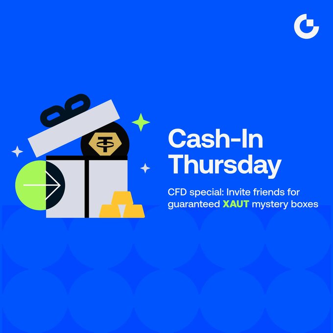 A promotional banner on a blue patterned background features a graphic of an open gift box containing a black bag marked with a "T" symbol alongside gold bars and a green play button, advertising "Cash-In Thursday" — a CFD special inviting users to refer friends for guaranteed XAUT mystery boxes, as detailed in the accompanying post's referral campaign.