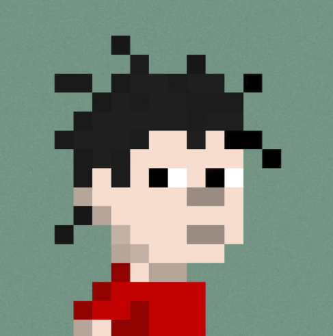 A pixel art portrait depicts a cartoon character with dark, messy hair, pale skin, and a red shirt against a muted green background. The image appears to be a low-resolution digital avatar, likely representing the "OG" Bored Ape character referenced in the accompanying post welcoming BAYC and AllCityBAYC to the re_generates.