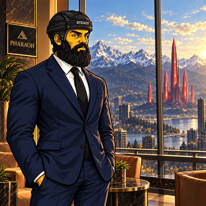 A digital illustration of a bearded man wearing a 'STEADY' branded helmet and a dark blue suit, standing in a luxurious room with a 'PHAROAH' sign, overlooking a city with mountains and futuristic red spires.