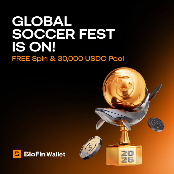 The image features a gold trophy with a soccer ball on top of it, surrounded by coins. The text above the trophy reads "Global Soccer Fest is ON!: Free Spin & 30,000 USDC Pool", indicating that there's an upcoming event where people can win a free spin and a chance to play at the USDC pool.