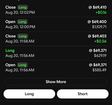 A trading history screen showing a series of Long position entries and closes for a stock, with prices around $69.371 to $69.410, and Long/Short buttons at the bottom.
