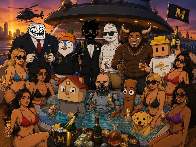 A cartoonish luxury yacht party scene features a diverse crew of meme characters including a Trollface, an NFT penguin, a suited figure with "M" sunglasses, and a "KINTARA" hoodie-wearing man mingling in a hot tub with bikini-clad women, champagne, a bottle labeled "MTANKER," M-branded flag, and a golden retriever—evoking a carefree, opulent "Solana summer" crypto lifestyle vibe.
