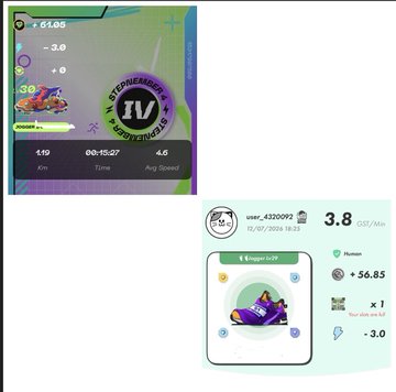 The image shows two STEPN app screenshots displaying sneaker stats: a green "Steady Steady" Sneaker IV with an average speed of 4.6 km/h and a 39 energy, alongside a purple Sneaker (4330099) earning 3.8 GST/Min with +56.85 points and -3.0 energy spent. The post reflects a casual evening walk using only two Energy ENAs in the STEPN move-to-earn app, noting the green sneaker's efficient walking pace as a "guest" walker, while enjoying local yuzu honey drinks and lily flowers.