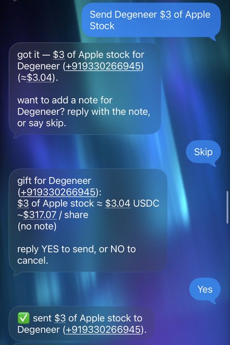 This image shows a text message conversation demonstrating how to send stock gifts via text. The sender requests "Send Degeneer $3 of Apple Stock," and the bot confirms receipt of the order to send $3 of Apple stock (approximately $3.04 at $317.07/share) to recipient "Degeneer (+919330266945)." After the sender replies "Skip" to decline adding a note and "Yes" to confirm the transaction, the bot confirms the gift has been successfully sent. The image illustrates the post's claim that you can easily text friends and family stocks directly through a service on @base.