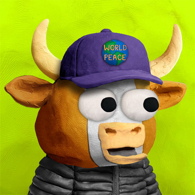 A stylized cartoon bull or cow character wears a purple “WORLD PEACE” cap and a black puffy jacket against a bright green background.