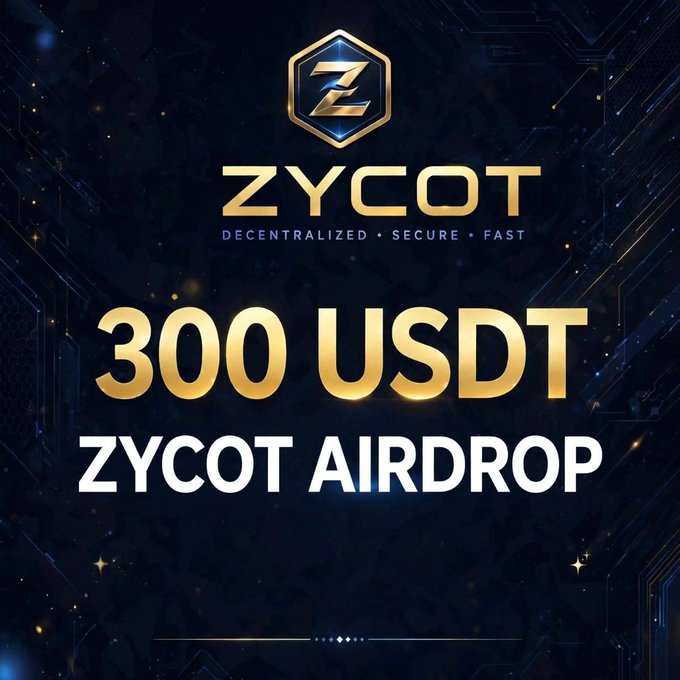 A promotional banner for the Zycot airdrop featuring a gold hexagonal logo with the letter "Z," along with the tagline "DECENTRALIZED • SECURE • FAST" and bold text highlighting a "300 USDT ZYCOT AIRDROP" prize pool against a dark, tech-inspired background. The design visually reinforces the post's announcement of a BEP-20 token giveaway with 100 random winners and top contributor rewards.