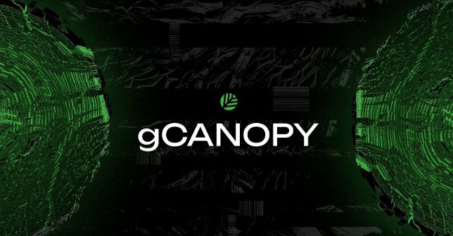 A dark green and black graphic featuring the 'gCANOPY' logo with a small green leaf-like icon in the center.