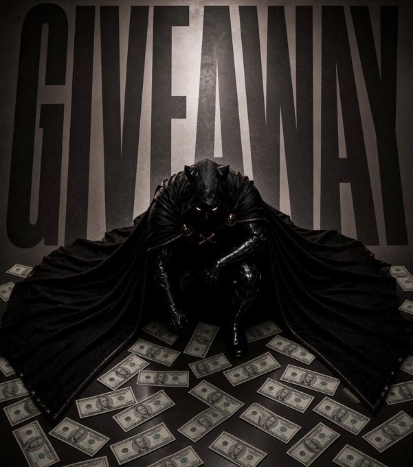 A dark, mysterious figure resembling Black Panther crouches surrounded by scattered US $100 bills, with the bold text "GIVEAWAY" displayed prominently behind them. The image visually reinforces the post's $500 giveaway announcement by showcasing the cash prize imagery alongside a dramatic, attention-grabbing aesthetic.