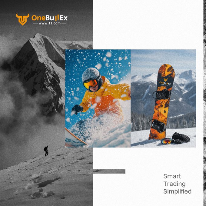 A promotional graphic for OneBullEx (www.11.com) featuring a black-and-white snowy mountain scene alongside a skier in a yellow jacket and an orange branded snowboard, with the tagline "Smart Trading Simplified" in the bottom right corner—visually echoing the post's metaphor of AI-assisted trading as a mountain climb.