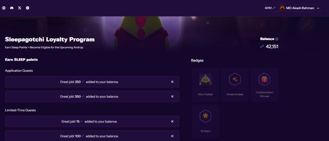 A webpage titled 'Sleepagotchi Loyalty Program' with a SLEEP token balance of 42,151 for MD Akash Rahman, listing quests to earn points and displaying badges like Onchain Holder, Dreamonaut, and 10 Stars.