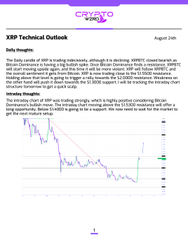 An XRP Technical Outlook document dated August 24th with a 'Daily Insights' section analyzing XRP's price action against the US dollar, featuring a price chart with various indicators.