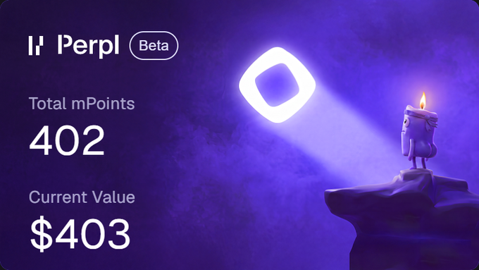 A promotional graphic for 'Perpl Beta' displays 'Total mPoints 402' and 'Current Value $403' against a purple background featuring a cartoon character holding a diamond-shaped light.