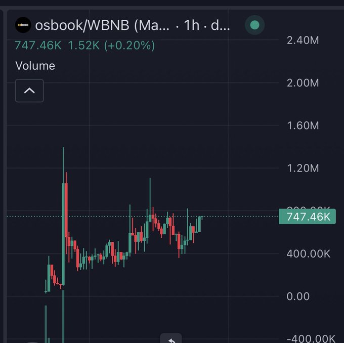 Trading chart for osbook/WBNB pair on Dexscreener showing a 24-hour candlestick chart with volume of 747.46K (1.52K, +0.20%) displayed in green and red candles.