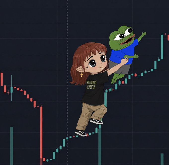 A cartoon illustration of a girl with brown hair and a Pepe the Frog character superimposed over a green and red candlestick trading chart.