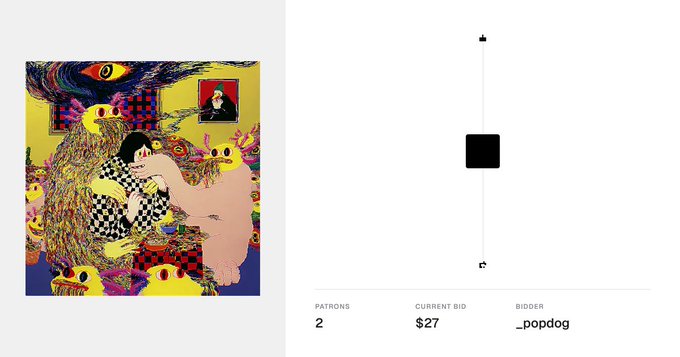 An auction interface displaying an artwork with a swirling psychedelic design featuring a figure, yellow smiley faces, and a framed portrait, with the current bid at $27 by '_popdog' from 2 patrons.