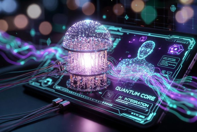 A futuristic digital artwork depicting a glowing holographic dome labeled 'QUANTUM' and 'AI INTEGRATION CORE' alongside a wireframe human figure on a smartphone display.