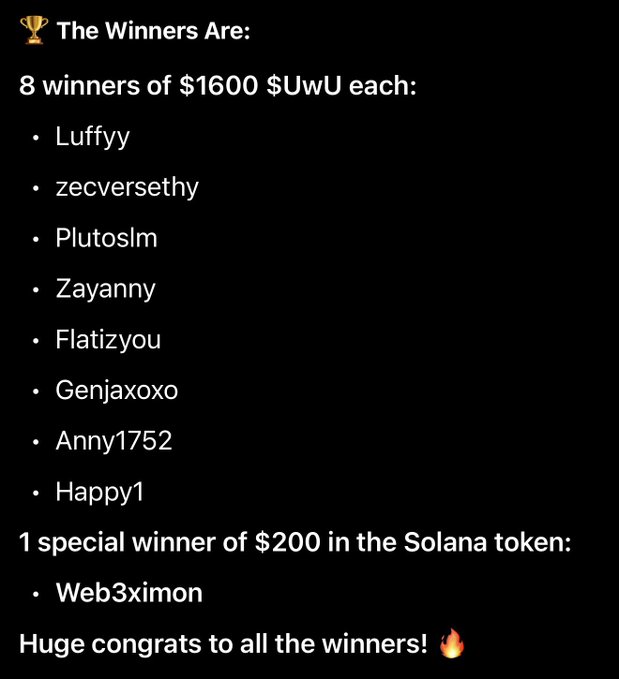 This image lists the winners of a giveaway, including 8 winners of $1600 $UwU each and one special winner of $200 in Solana token, complementing the post's announcement of winners selected by Grok based on activity.