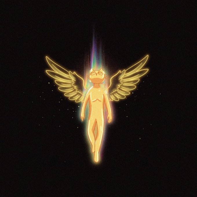 A glowing, winged humanoid figure with a feline head ascends against a starry black background, emanating a radiant column of light from above. The ethereal, angelic imagery symbolizes the soaring potential and transcendent rise implied by the bullish crypto sentiment toward $CETS.