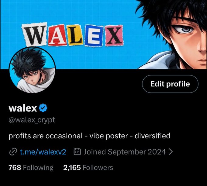 A social media profile page for a user named 'walex' with the handle '@walex_crypt'. The profile features a blue anime-style banner, the bio 'profits are occasional - vibe poster - diversified', and shows 768 Following and 2,165 Followers.