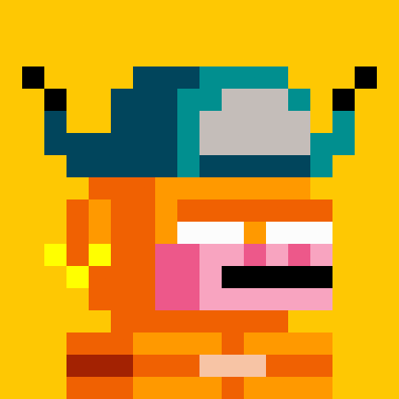 A pixel art illustration of a character with a blue and white cap or helmet, orange skin, and pink cheeks on a yellow background.