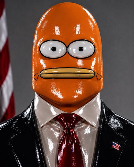 A glossy orange cartoon-faced figure in a black suit and red tie stands beside an American flag, with a small American flag pin on its lapel. The image serves as a quirky mascot for the Gbob.fun presale launch announcement, projecting a playful yet official tone for the 30x presale event and sold-out NFT drop.