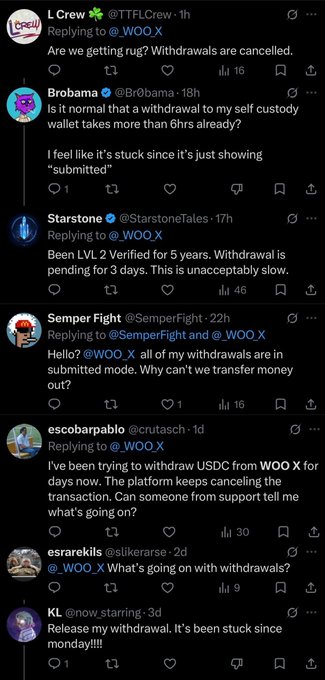 A screenshot of Twitter/X replies to @_WOO_X showing multiple users complaining about stuck and cancelled cryptocurrency withdrawals.