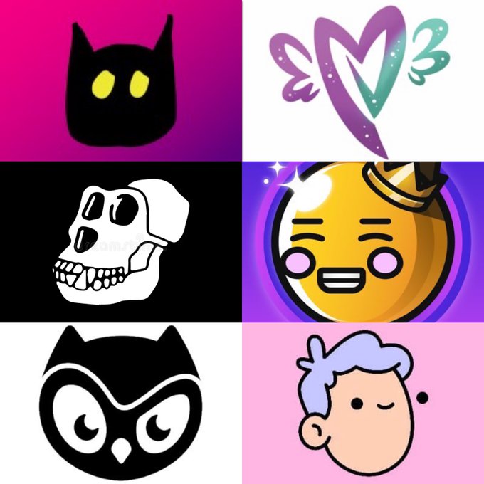 A 3x2 grid of various logos and icons: a black cat silhouette on magenta, a purple winged heart with 'M3', a white skull with teeth on black, a yellow emoji-like face with pink cheeks on purple, a black owl face on white, and a cartoon person with purple hair on pink.